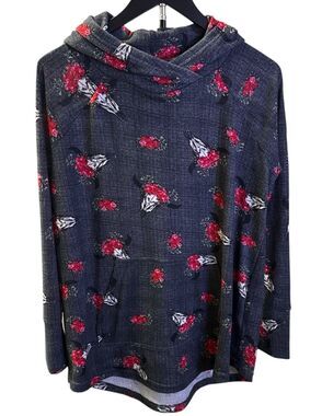 LULAROE AMBER Unicorn Longhorn Skull Red Roses HOODIE FLORAL Horse HTF Large